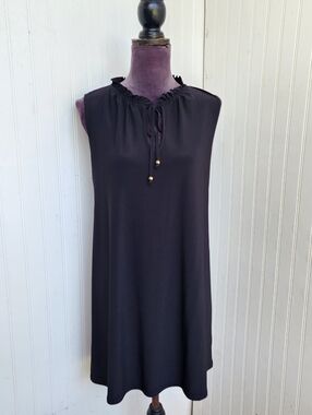 Nik & Nash Womens Dress Black Sleeveless Tie Neck Shift Stretch Ruffle Sz S